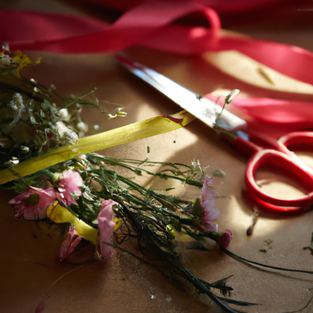 A highly detailed floral workbench with scissors, ribbons, and a fresh bouquet on a softly blurred background